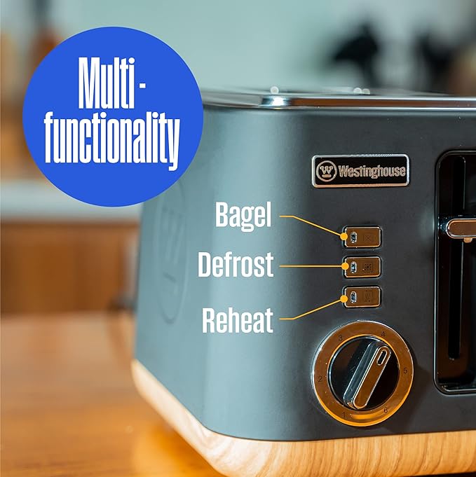 Westinghouse Scandinavian Design Toaster with Wide Slots, Removable Crumb Tray, 6 Browning Levels, and Cancel/Reheat/Defrost Options - for Bread, Bagels, & Waffles - Black with Wood Finish, 2-Slice