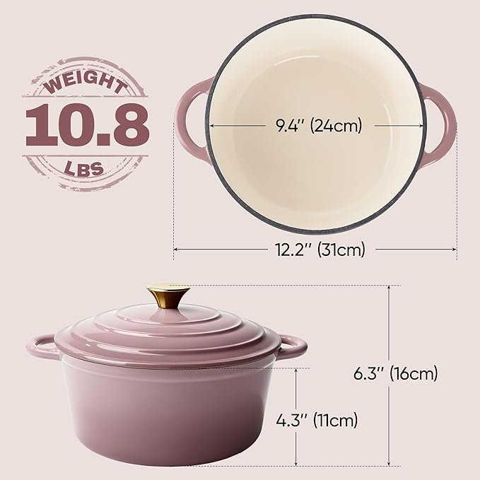 4.5 Quart Dutch Oven Pot with Lid, Non Stick Enameled Cast Iron Dutch Oven for Bread Baking, Heavy-Duty, Oven Safe Ceramic Cookware Up to 500°F for Baking, Braising, Stews, Roasting, Pink
