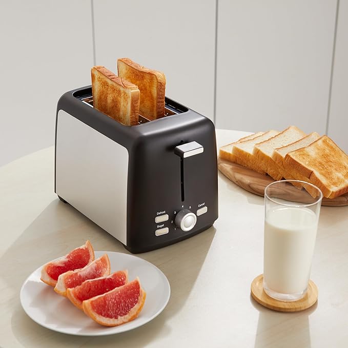Amazon Basics 2 Slice Toaster, With 7 Browning Settings, Extra Wide Slots For Bagels and Special Breads, Removable Easy-to-Clean Crumb Trays, Cancel/Defrost/Bagel Buttons, 800W, Black & Silver
