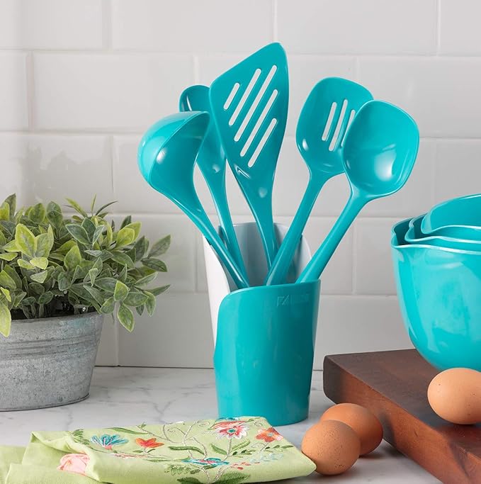 Hutzler 6-piece Melamine Cooking Utensils Set, Includes a 12-inch Long Slotted Spoon, Solid Spoon, Mixing Spoon, Slotted Turner, Soup Ladle, and Storage Crock, Turquoise