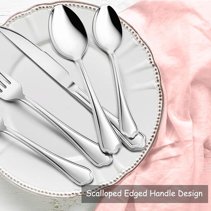 60-Piece Silverware Set, E-far Stainless Steel Flatware Cutlery Set Service for 12, Metal Tableware Eating Utensil Set, Dinner Knives/Forks/Spoons, Scalloped Edge & Mirror Polished - Dishwasher Safe