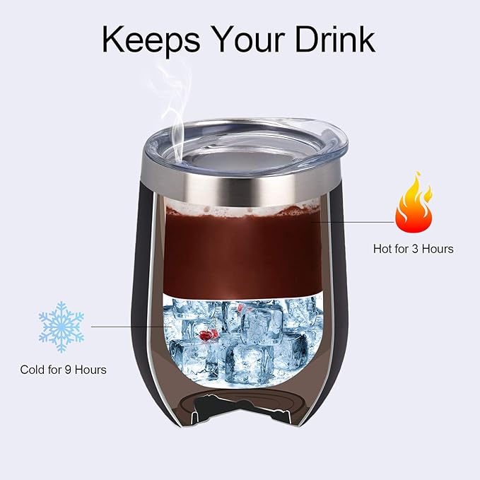 8 Pack 12Oz Stainless Steel Wine Tumblers, Insulated Wine Tumbler, Double Wall Insulated Wine Glass, Stainless Steel Stemless Wine Cups with Lids for Coffee, Wine, Cocktails, Champaign, Black