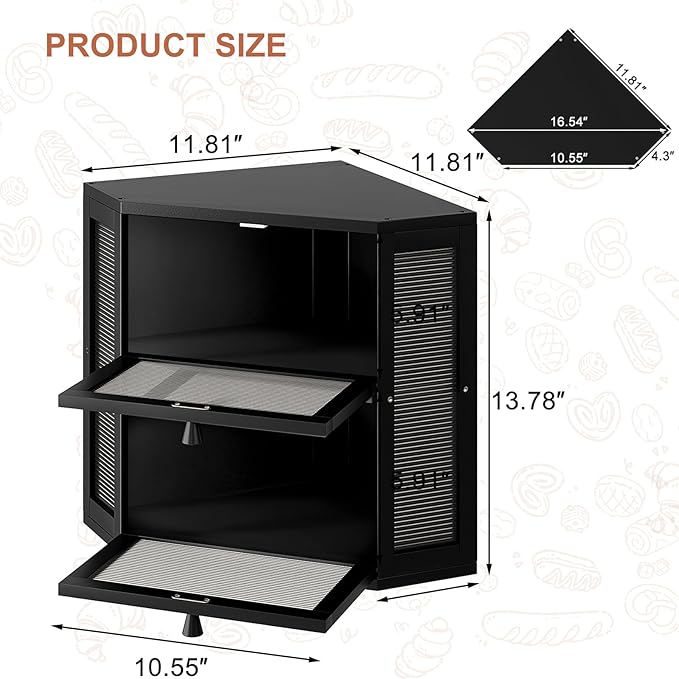 WOWLIVE Corner Bread Box for Kitchen Countertop, Double Layer Bamboo Bread Storage Container, Large Farmhouse Bread box with Acrylic Wavy Door Panel, Under Cabinet Organizer (Black, Medium)