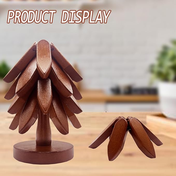 Wooden Trivets for Hot Dishes, Tree Shape Trivet Set, 4 Wooden Trivets + 1 Stand, Stackable Christmas Tree Design, Natural Foldable Kitchen Wooden Trivet, for Pans, Pot, Bowl, Teapot, Hot Pot Holder