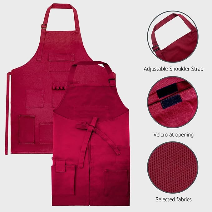 boshiho Painting Aprons, Adjustable Buckle, Barber Apron with Pockets for Women/Men/Unisex, Utility or Work Apron (Red)
