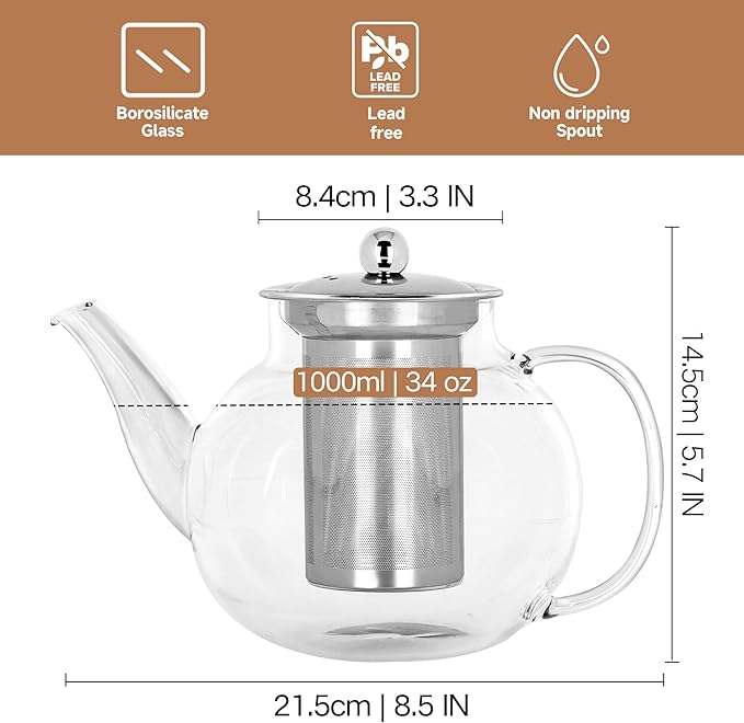 Long-Mouth Glass Teapot 34oz/1000ml with Removable Loose Tea Infuse - Glass Tea Kettle for Stove Top Removable Stainless Steel Strainer, Microwave & Dishwasher Safe, Tea Maker
