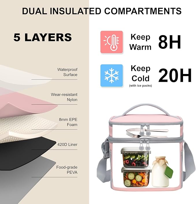 Everfun Womens Lunch Box Two Compartments Insulated Lunch Tote Bag Large Leakproof Soft Cooler for Work Picnic Travel (Light pink)