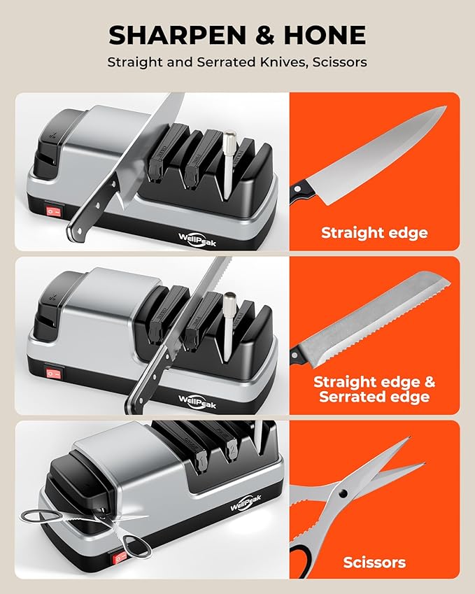 Multifunctional 4-Stage Electric Knife & Scissor Sharpener, Diamond Abrasive for Straight Edge Chef Knives, Detachable Ceramic Hone Rod for Serrated Knives Polishing