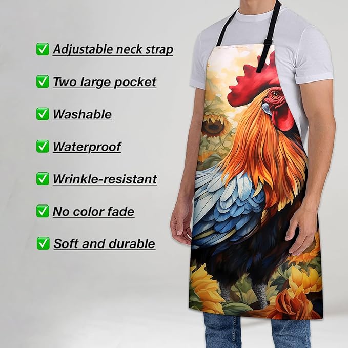 Rooster Apron for Women Men 28x33in, Kitchen Chef Aprons with 2 Pockets, Polyester, Chicken Apron