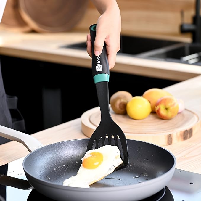 Linoroso Nylon Cooking Utensils Set, 7 Pieces Elevate Kitchen Utensil Set with Exquisite Rotating Stand, Innovative Weighted Handle, Easy to Clean, Black & Peacock Green (BPA Free, Non Toxic)