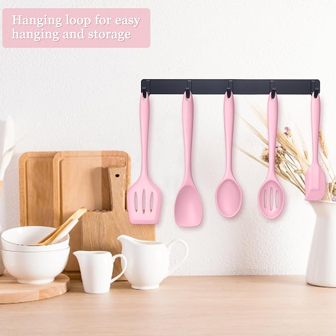 E-far Pink Silicone Cooking Utensils Set, 24Pcs Heat Resistant Kitchen Utensil with Holder, Silicone Kitchen Tools with Spatula Turner Spoon Tongs Whisk, Non-Toxic & Dishwasher Safe