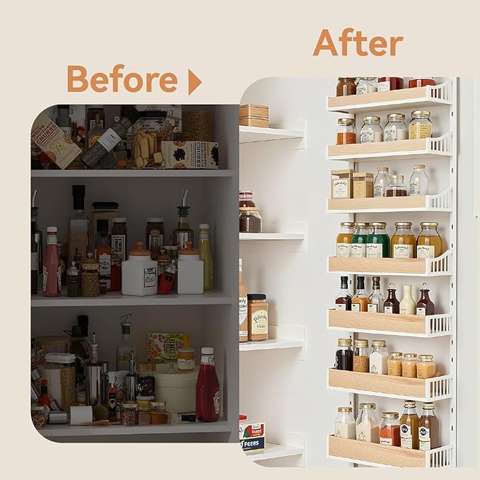 Over the Door Pantry Organizer, 8-Tier Door Organizer Hanging, Spice Rack with Adjustable Baskets, Heavy Duty Door Organizer for Kitchen Storage Metal Hanging for Laundry Bathroom Bedroom, White