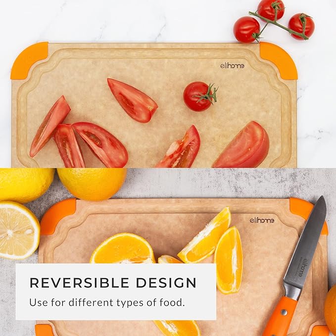Elihome Premium Series Color Code Wood Fiber Dishwasher Safe Cutting board for Kitchen, Made in USA, Food Icon, Eco-Friendly, Juice Grooves, Non-Porous, Non-slip Feet, SMALL 10 x 7