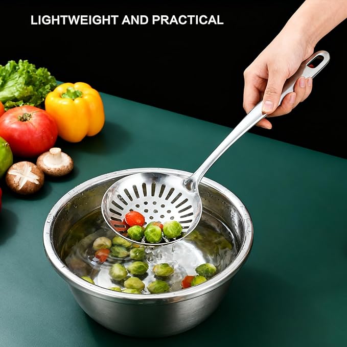 Stainless Steel Cooking Utensils Set with Holder, 7-Pieces All Metal Kitchen Utensils, 15’’ Long Kitchen Tools with Countertop Rotating Stand, Spatula, Ladle, Skimmer, Tunner, Pasta, Large Spoon