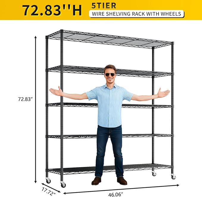 Karl home 5-Tier Adjustable Metal Storage Shelves, Wire Shelving Unit with Wheels & Leveling Feet, Heavy Duty Garage Shelving, Pantry & Kitchen Display Shelf Organizer, Home Storage Rack
