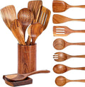 Wooden Kitchen Utensil Set, 9-Piece Cooking Tools with Holder and Spoon Rest, Wooden Spoons for Cooking