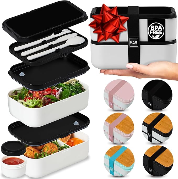 Double Premium Bento Box Adult, 67 fl oz BPA-Free - Cream Stackable Lunch Box with Leak-Proof Lids & Dividers, Perfect for Meal Prep, Lunches & Portion Control