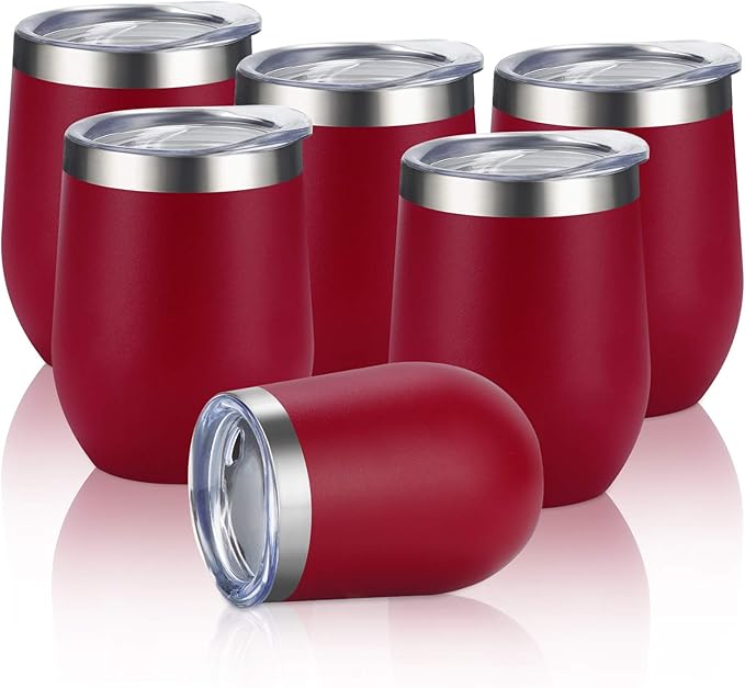 6 Pack Stainless Steel Wine Tumblers, 12Oz Insulated Wine Tumbler, Double Wall Insulated Wine Glass, Stainless Steel Stemless Wine Cups with Lids for Coffee, Wine, Cocktails, Champaign, Wine Red