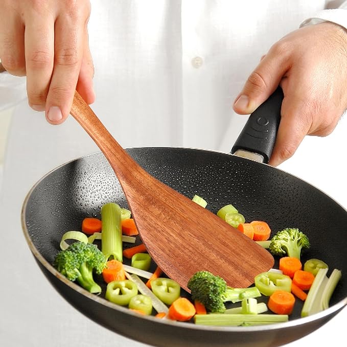 6 Piece Teak Wood Kitchen Utensil Set - Non-Scratch & Non-Toxic Kitchen Cooking Tools with Turner, Slotted Spatula, Angled Spatula, Skimmer, Serving & Salad Spoons