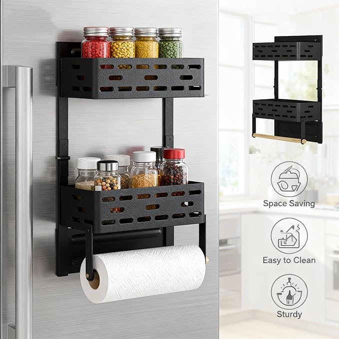 2-in-1 Magnetic Spice Rack & Paper Towel Holder for Fridge - 4 Hooks Kitchen Space Saver, Black Fridge Magnet Organizer