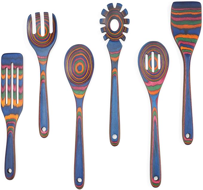6-Piece Pakkawood Kitchen Utensils | Heat Resistant Pakkawood Utensils | Pakkawood Kitchen Cooking Utensil Set | Wooden Spoons for Cooking | Non-Sitck Cooking Spoons | Sapphire