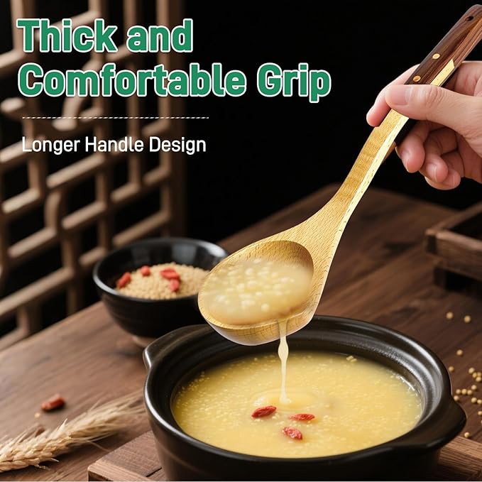 Wooden Soup Ladle – Beech and Walnut Handle Kitchen Utensils for Serving Soup, Sauce, and Pancake Batter – Handcrafted Cooking Ladles for Everyday Use – Durable Wood Design
