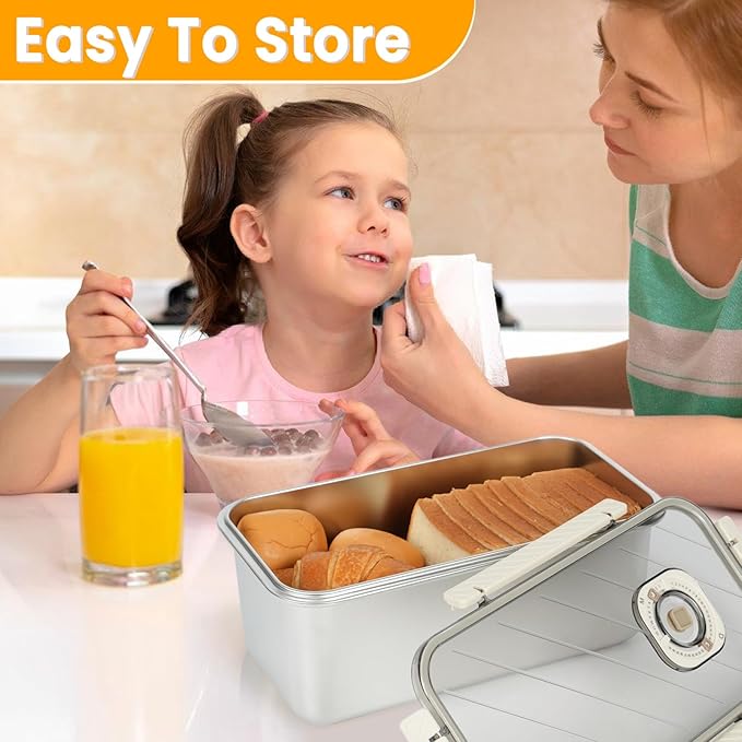 Large Bread Container: Time Recording Bread Storage Container with Lid, Stainless Steel Bread Box, Bread Storage Solution, Airtight Bread Box, Dishwasher Safe (Silver-White)