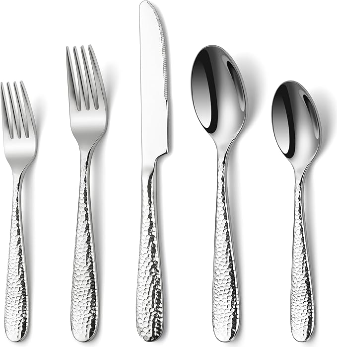 Hammered Silverware Set, EUIRIO 30-Piece Heavy Duty Cutlery Set for 6, Stainless Steel Flatware Set, Food-Grade Utensil Sets Includes Spoons Forks and Knives, Mirror Finish Dishwasher Safe