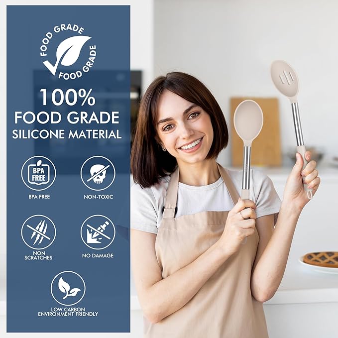 HOTEC Heat Resistant Large Silicone Cooking Spoon, Solid Slotted Spoons, Nonstick Kitchen Cookware Utensils, Mixing, Serving, Stiring Large Spoons, Khaki