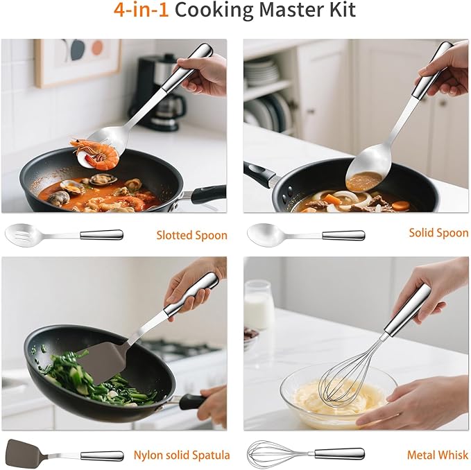 Stainless Steel Cooking Utensils Set, 4-piece Kitchen Utensil Set with Stainless Steel Handles, Dishwasher Safe, Non-Stick and Heat Resistant, Whisk, Spoons, Spatula for Cooking -JJ02629