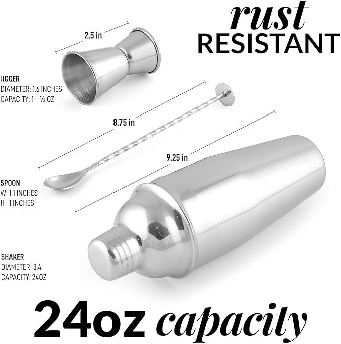 Zulay Kitchen 24oz Stainless Steel Cocktail Shaker Set – Professional Martini & Margarita Shaker with Built-in Strainer, Double-Sided Jigger, Muddler & Mixing Spoon – Bartender Kit for Mixed Drinks