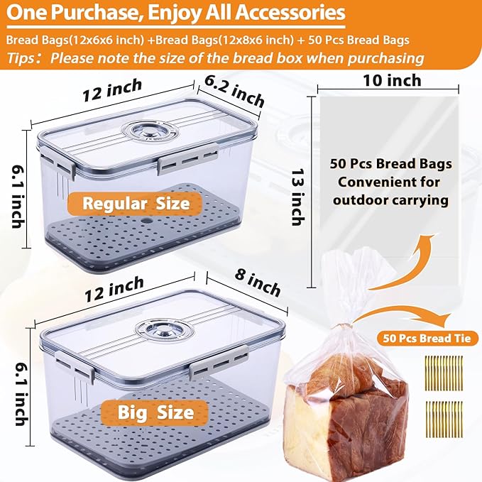 Circloophs 2 Pack Bread Box for Kitchen Countertop, Regular and Big Bread Container Storage Airtight Loaf, Large Breadbox for Bread Storage, Refrigerator Lock Box for Fruit Storage with 50 Pcs Bags