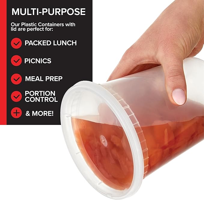 Stock Your Home 32oz Plastic Deli Containers with Lids (48 Pack), Disposable Plastic Food Storage Containers with Lids, Reusable Freezer Containers, To Go Soup Containers, Microwave Safe