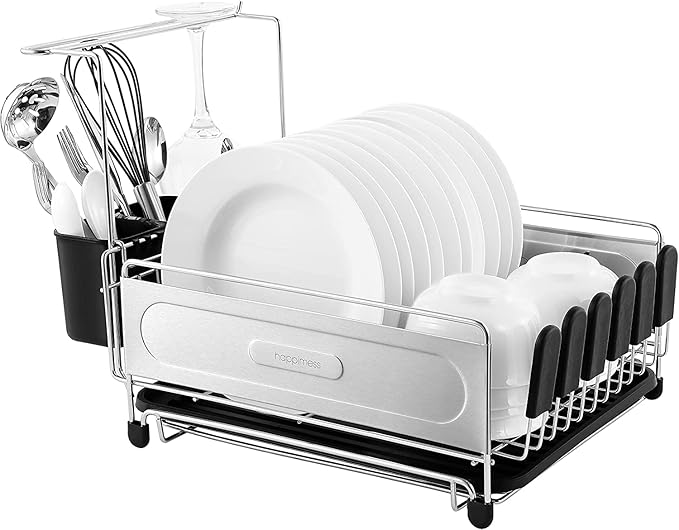happimess DSH1000A Compact 17.25' Fingerprint-Proof Stainless Steel Dish Drying Rack, Dish Rack with Wine Glass Holder, Utensil Holder, Stainless Steel/Black, Silver/Black