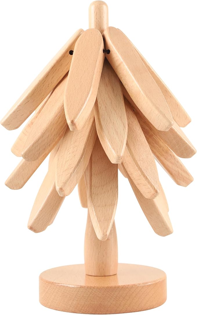 Wooden Trivets for Hot Dishes, Tree-Shaped Wooden Trivet Set, Includes 4 Trivets with Stand, Beech Wood (Walnut)