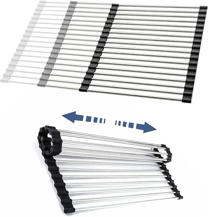 Expandable Large Roll Up Dish Drying Rack 18 Tube 21.25x12.79''Collapsible Over The Sink Rack Non-Slip Silicone Rolling Dish Drainer Stainless Steel Roll Rack for Kitchen Sink Counter