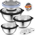 P&P CHEF Mixing Bowls with Lids Set of 3, Stainless Steel Mixing Bowl and Colander for Kitchen, 3 Grater Attachments & Non-Slip Bottoms, Visible & Airtight Lid, Black