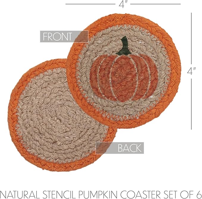 VHC Brands Harvest Blessings Natural Stencil Pumpkin Jute Coaster Set of 6, Decorative Fall Coasters, Table Decor for Fall Thanksgiving and Halloween