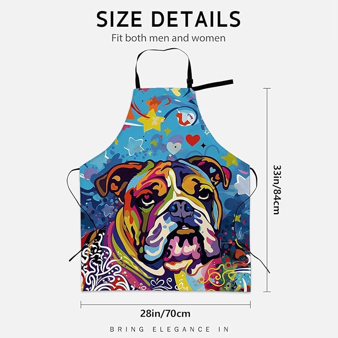 Funny Bulldog Apron for Women Men, Cooking BBQ Chef Polyester Lightweight Colorful Dog Aprons with Pockets for Baking Kitchen Gardening Cleaning, Adjustable Neck Strap, 28×33inch