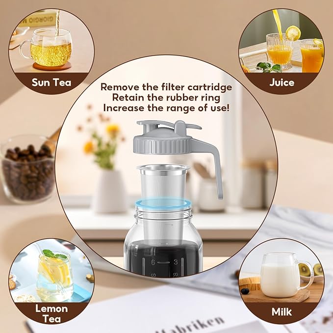 Cold Brew Coffee Maker Jar - 2 Pack 64 oz(2 Quart / 1.9 Liter)Glass Cold Brew Maker with Handle, Stainless Steel Filter&Leak-Proof Lid, Heavy Duty Cold Brew Pitcher for Iced Coffee, Sun Tea, and Milk