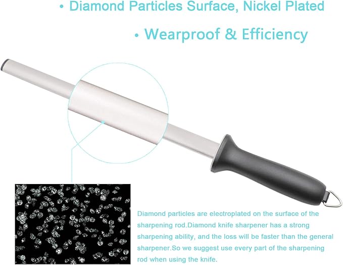 Diamond Sharpening Steel, Kitchen Knife Sharpener, Professional Chef Honing Rod, Oval 600#, 12inch Length , Fits all kinds of Knives, Home Premium