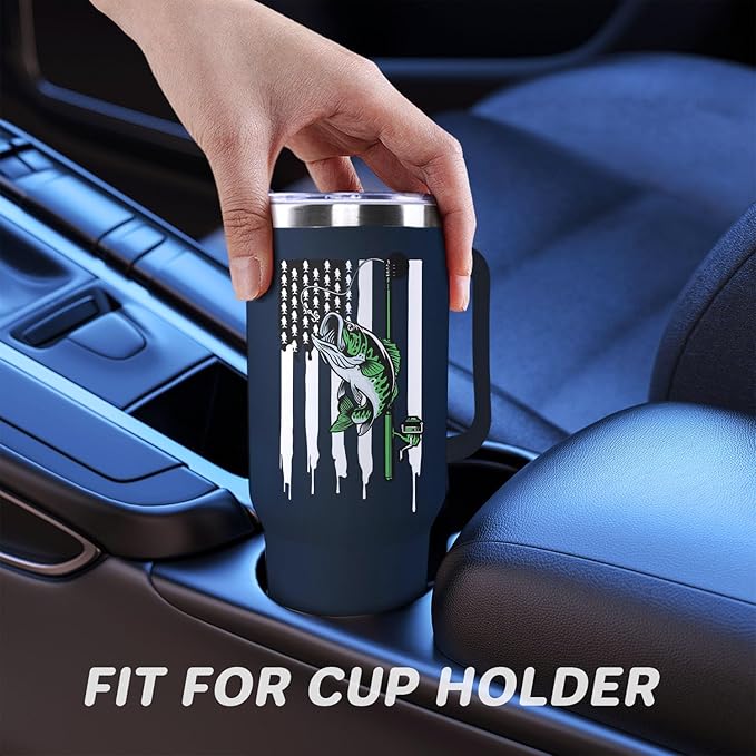 Fishing Tumbler with Handle For Men 40OZ Born to Fish Gift Stainless Steel Cups Insulated Tumblers Fisherman Gifts For Dad Daddy Funny Saying Green Fish White Mugs