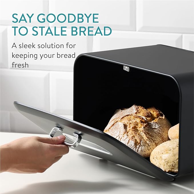 Navaris Metal Bread Box for Kitchen Countertop - Ventilated Vintage Food Storage Container, Holder for Homemade Bread, Spices, Coffee, Organizer for Cabinet with Window, Black