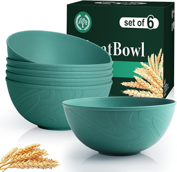 Homienly Wheat Starw Bowls, Bowl Set, Large Cereal Bowls, Serving Bowl Set of 6, Microwave and Dishwasher Safe, 40 OZ, Large Bowls for Salad, Soup, Ramen, Fruit,Dinner, Reusable, Stackable - Green