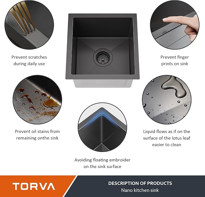 TORVA 14 x 14 Inch Gloss Black Undermount Kitchen Sink, PVD Coated Gunmetal Bar Sink，16 Gauge T-304 Stainless Steel Single Bowl Wet Bar or Prep Sinks with Zero-Radius Corners, Dark Grey
