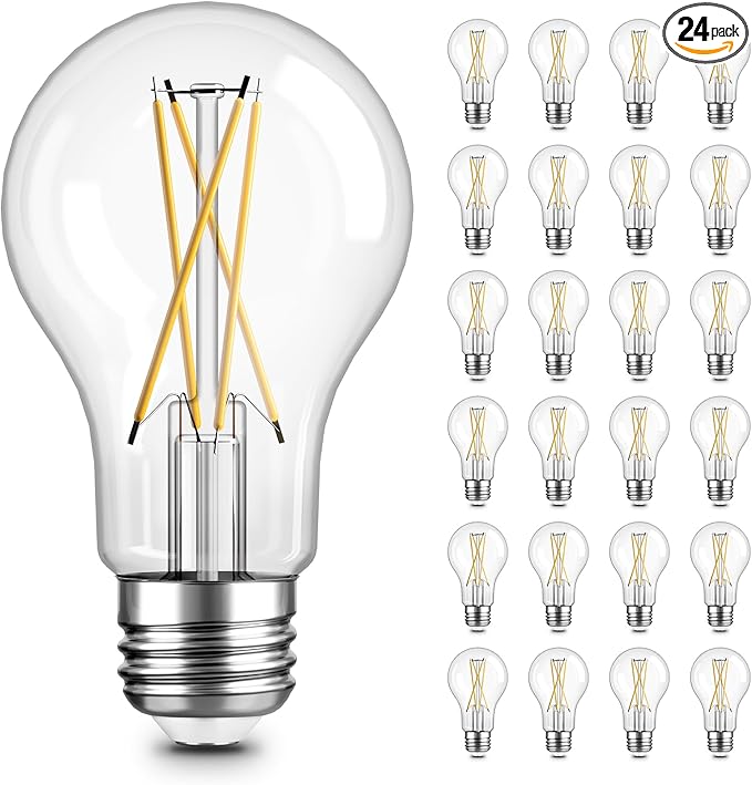 TJOY 24 Pack A19 Vintage LED Edison Bulbs, Dimmable, 60W Equivalent, High Brightness 2700K Warm White, 8W E26 Standard Base, 800 Lumens, CRI80+, Clear Glass Filament Bulb for Home, Farmhouse