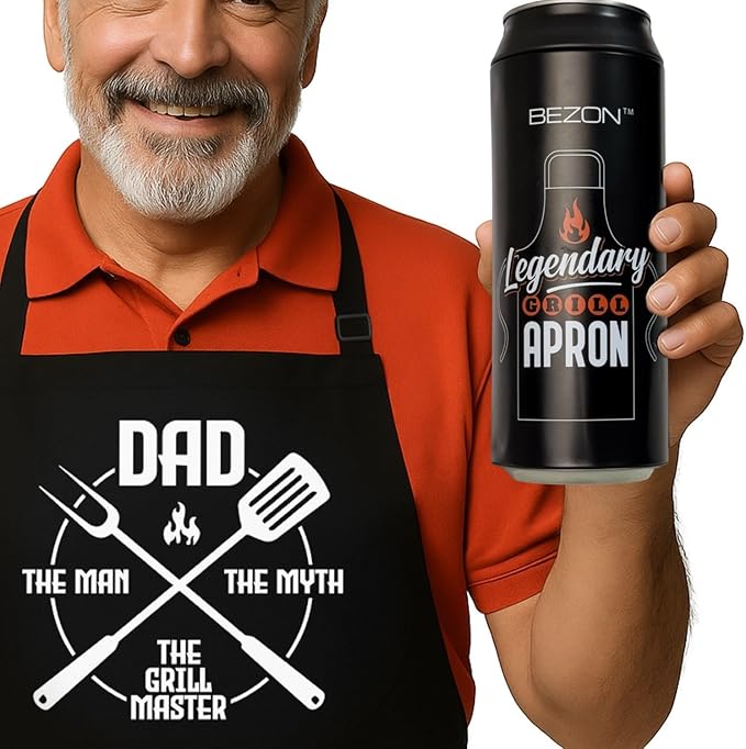 BEZON Funny Grill Apron for Men – Beer Can Gift Packaging – Hilarious BBQ Gift for Dad, Husband, or Friend – Heavy-Duty Water-Resistant Canvas – Dad - The Man, The Myth, The Grill Master
