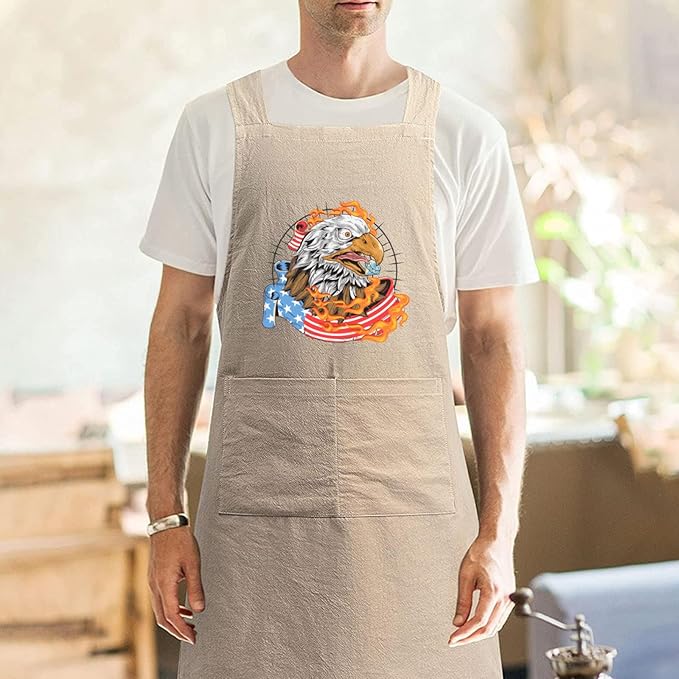 Cotton Linen Apron Non-tie Cross Back Kitchen Apron with Pockets Soft Comfortable Durable for Cooking Baking Gardening (Khaki)