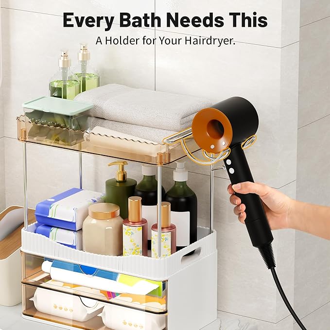 Shower Organizer, 2-Tier Bathroom Counter Organizer with 2 Drawers, Large Capacity Storage for Skincare Makeup Cosmetic Perfume Hairdryer, Bathroom Decor, Shower Accessories (Amber)
