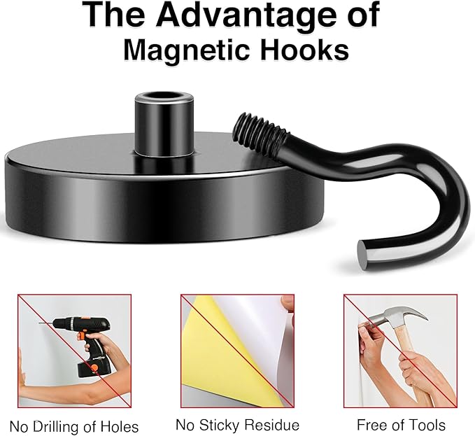 MIKEDE Magnetic Hooks Heavy Duty, 170LB+ Strong Black Magnets Hooks for Refrigerator, Rare Earth Neodymium Hooks with Epoxy Coating, Cruise Magnets with Hook for Hanging, Garage - 6 Pack